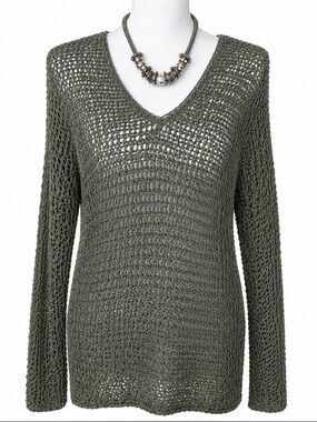 EILEEN FISHER Bronze Shimmer Open Knit V-Neck Pullover Sweater M